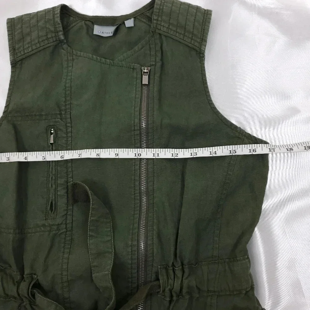 Athleta Wanderabout 100% linen olive green utility tunic vest xs zip-up top xs
